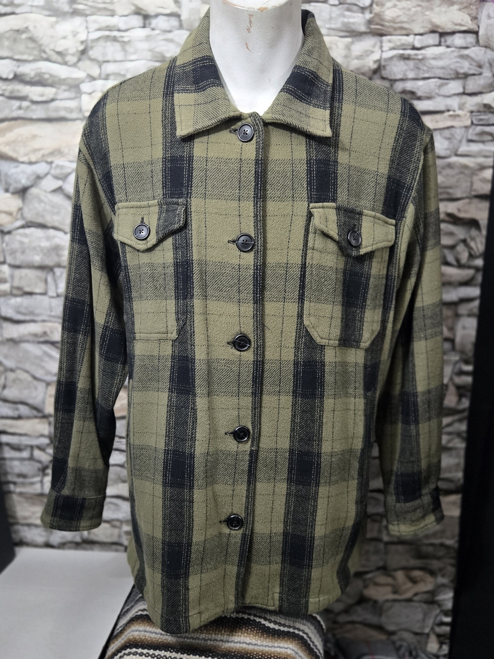 Lucky Brand Men Medium Flannel Long Sleeve Olive Plaid Button-Front Shirt Jacket